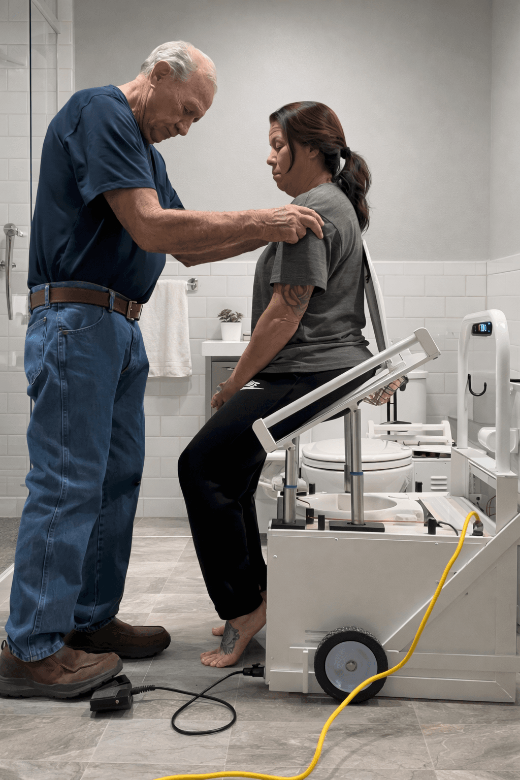 Delbert Rhoades demonstrating the D-Lift assistive device