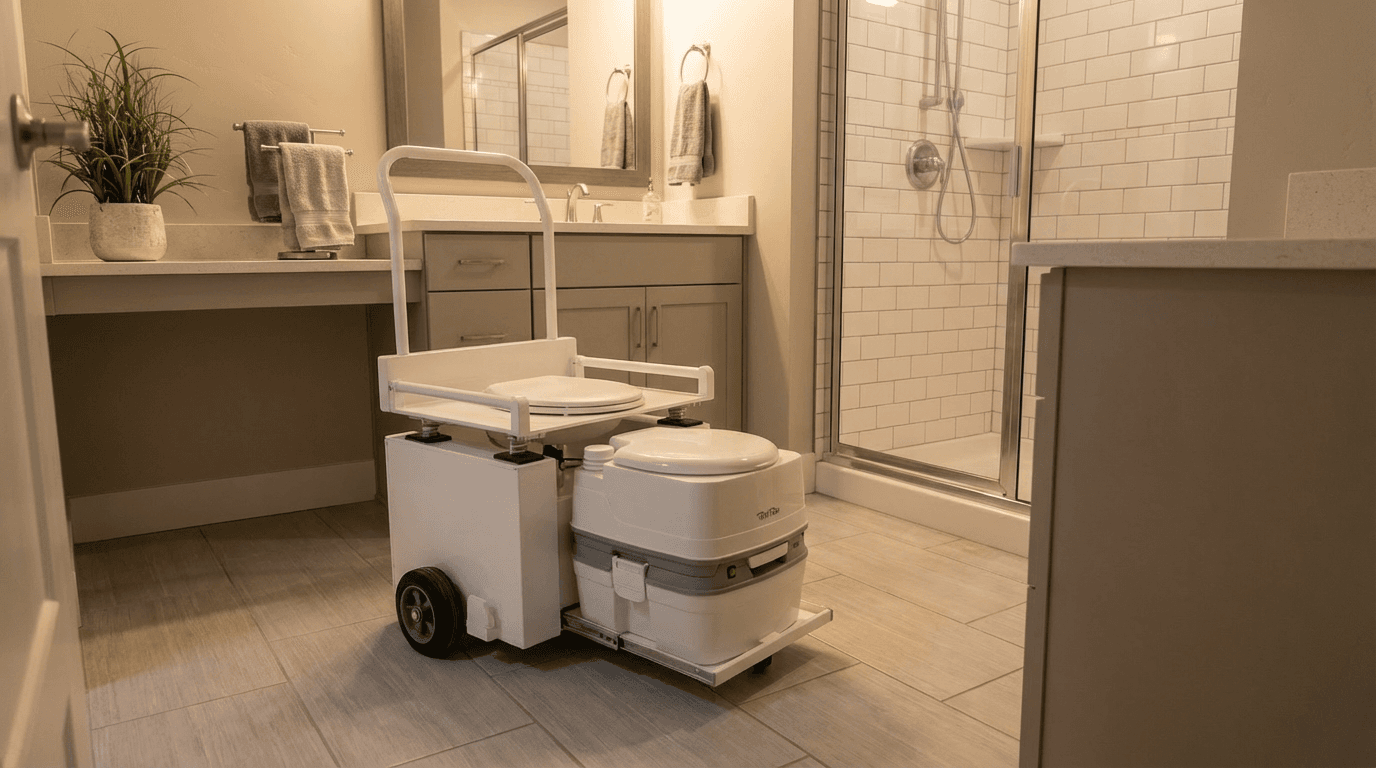 The D-Lift Portable model in a modern bathroom with glass shower enclosure, tray extended and ready for use