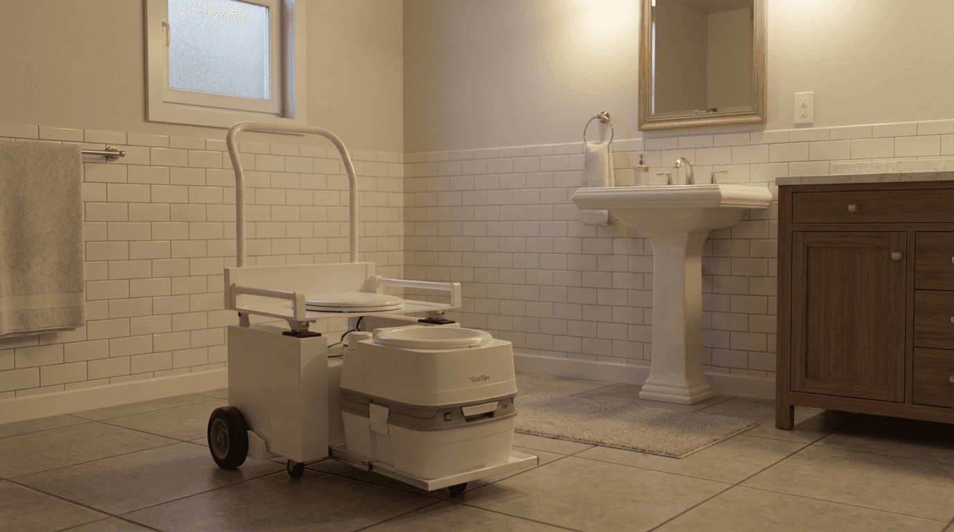 The D-Lift Portable model with tray extended, shown in a bathroom setting with wheels for easy transport