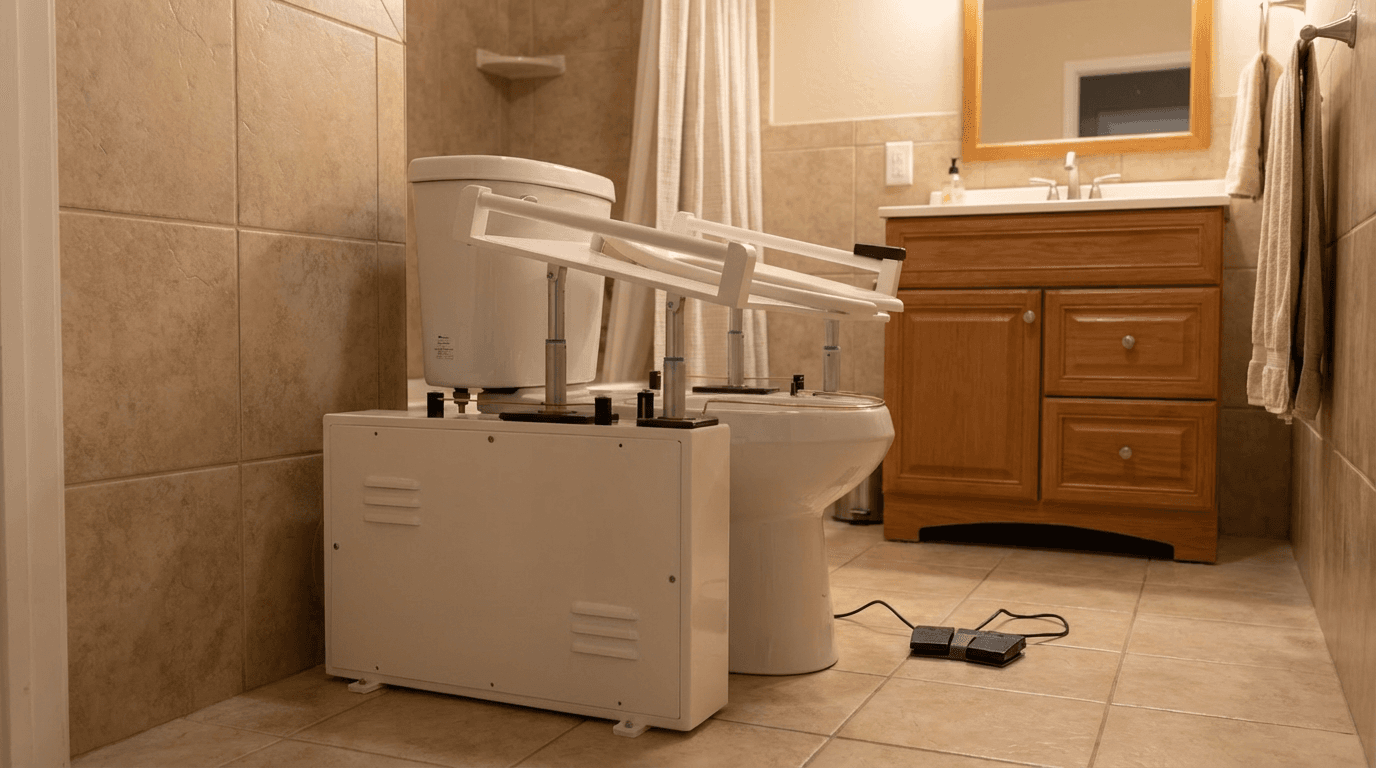 The D-Lift Stationary model installed next to a toilet, wide-angle view showing the full setup