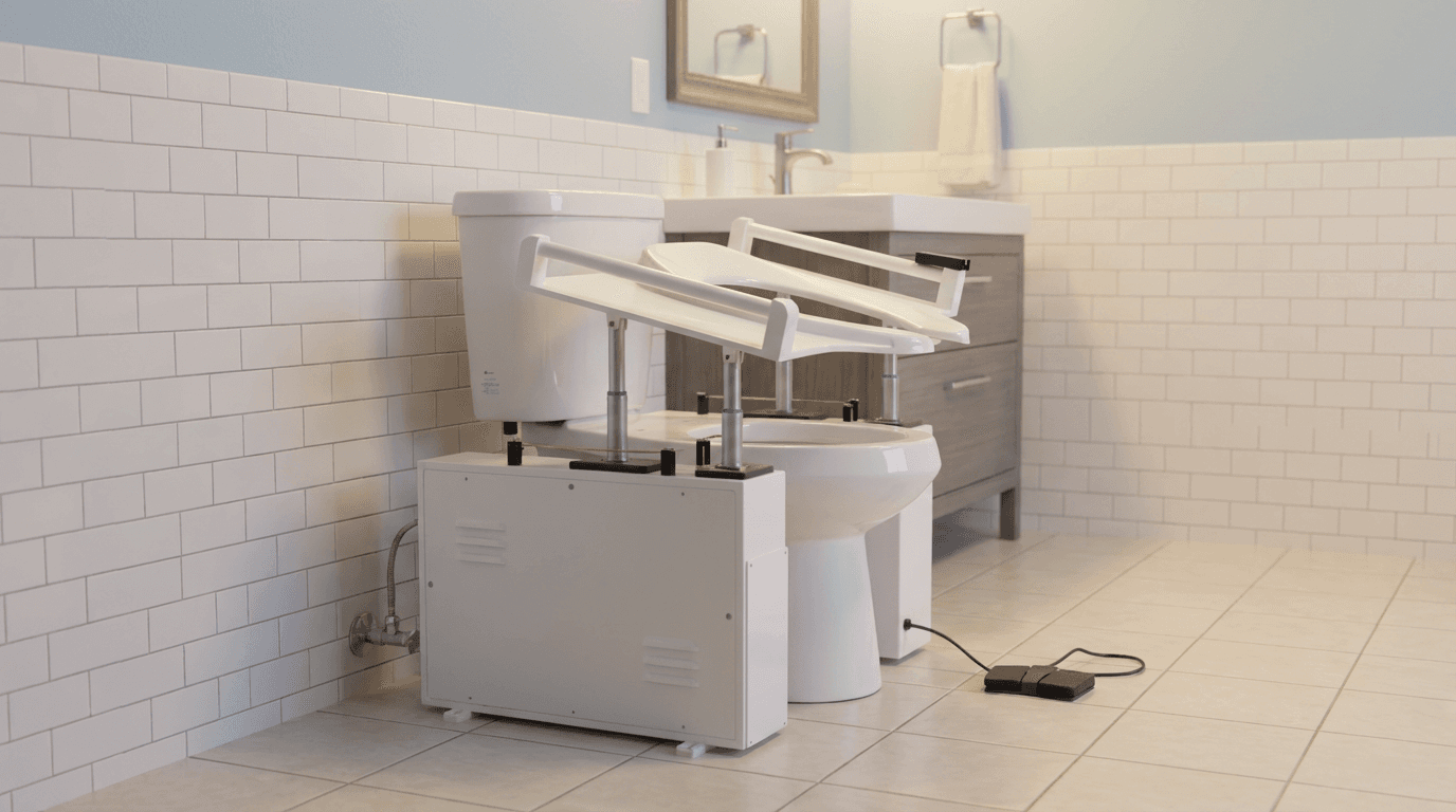 The D-Lift Stationary model installed next to a standard toilet with lift mechanism in the raised position